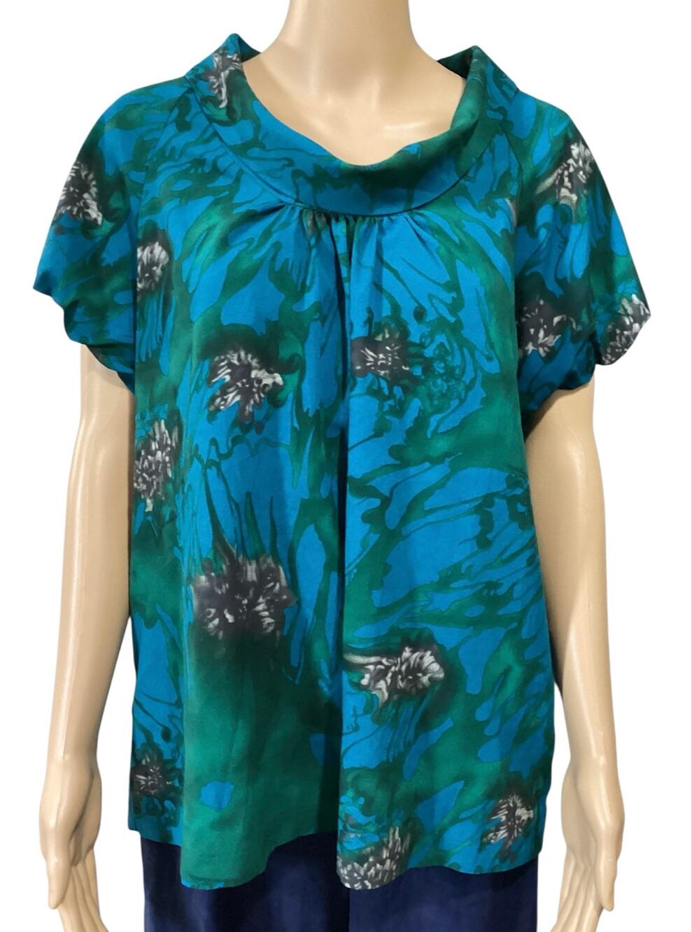 Apostrophe Stretch Cowl Neck Blouse‎ Abstract Watercolor Short Sleeve XL